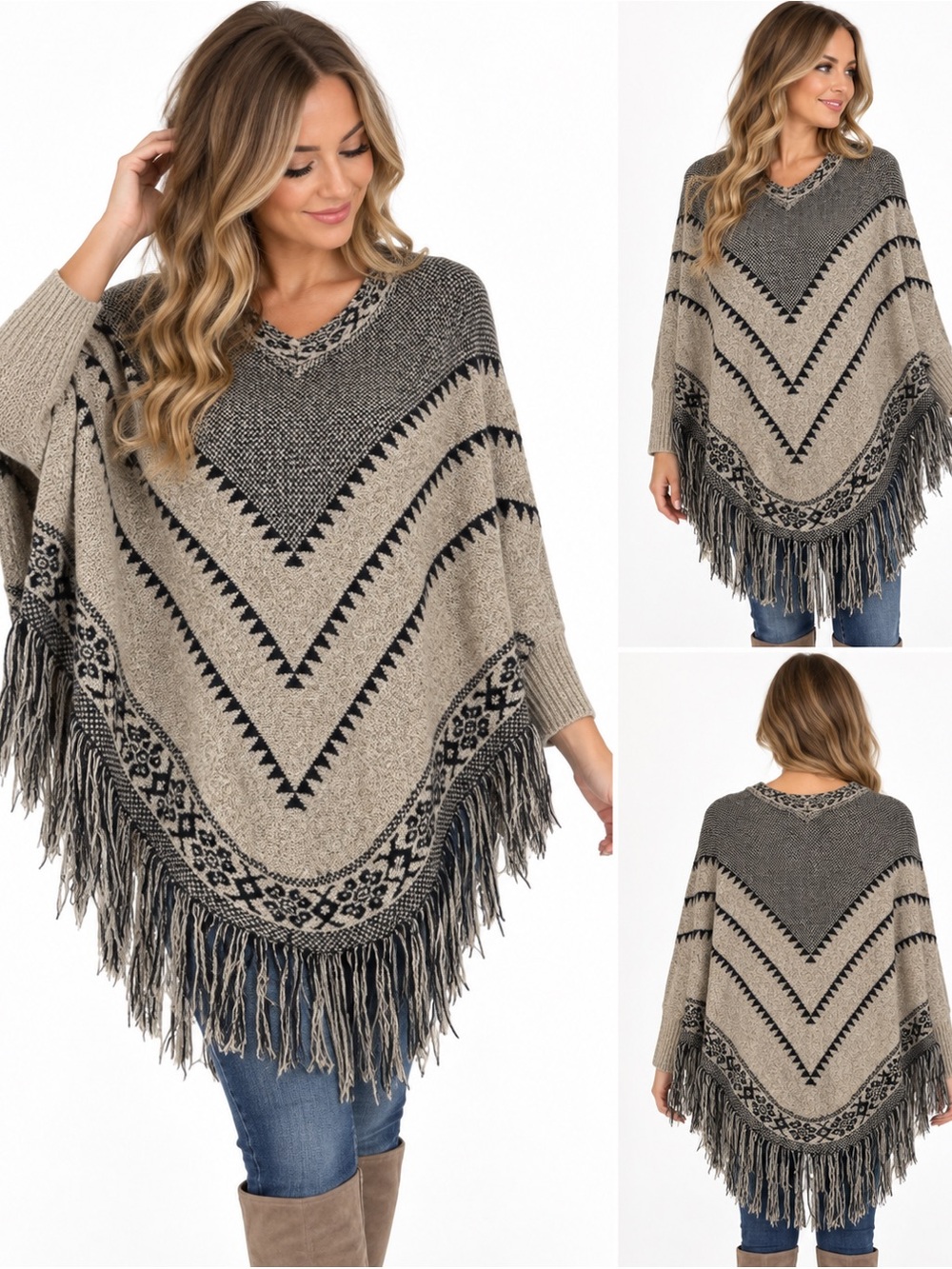 Alya Boho Fringe Poncho Sweater Medium NWOT Western Cottagecore Knit